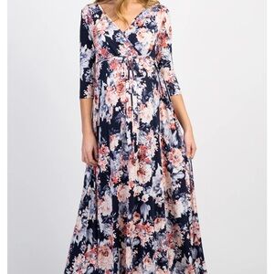 PinkBlush Navy & Pink Floral Maternity/Nursing Wrap Dress Size Medium